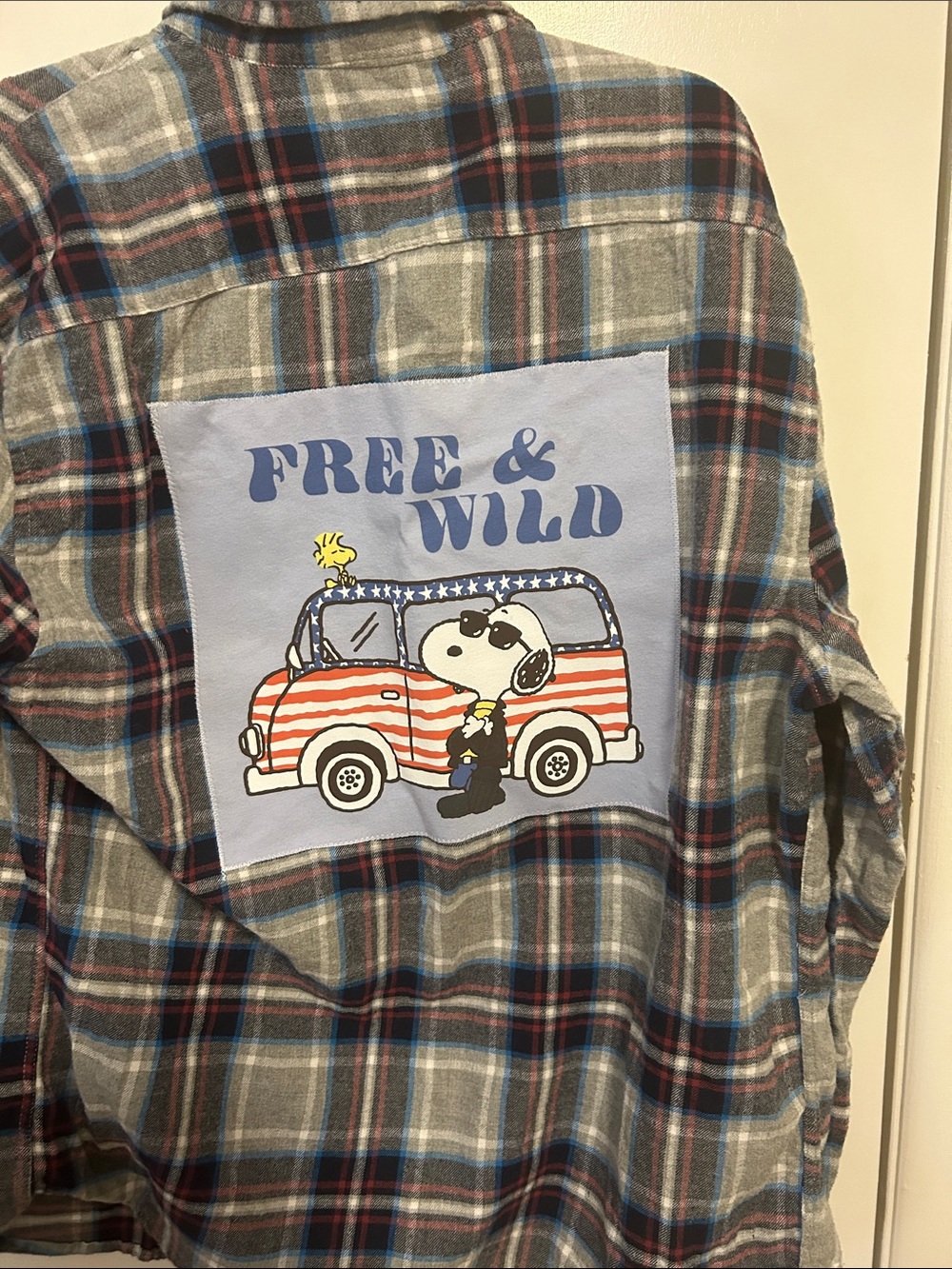 Aeropostale Gray & Blue Plaid Button-Down Shirt with Snoopy 'Free & Wild' Patch